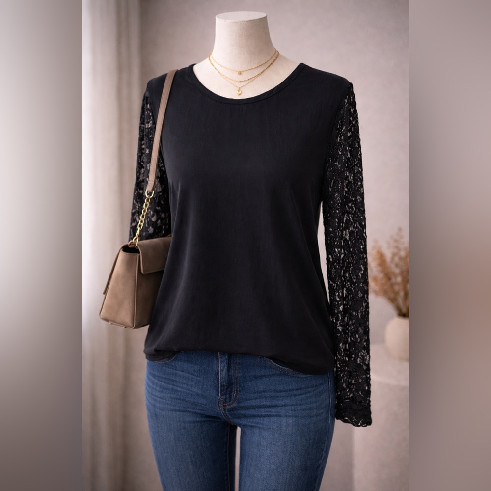Diane von Furstenberg Black 100% Silk Lace Sleeve Top Gothic Romantic Minimalist